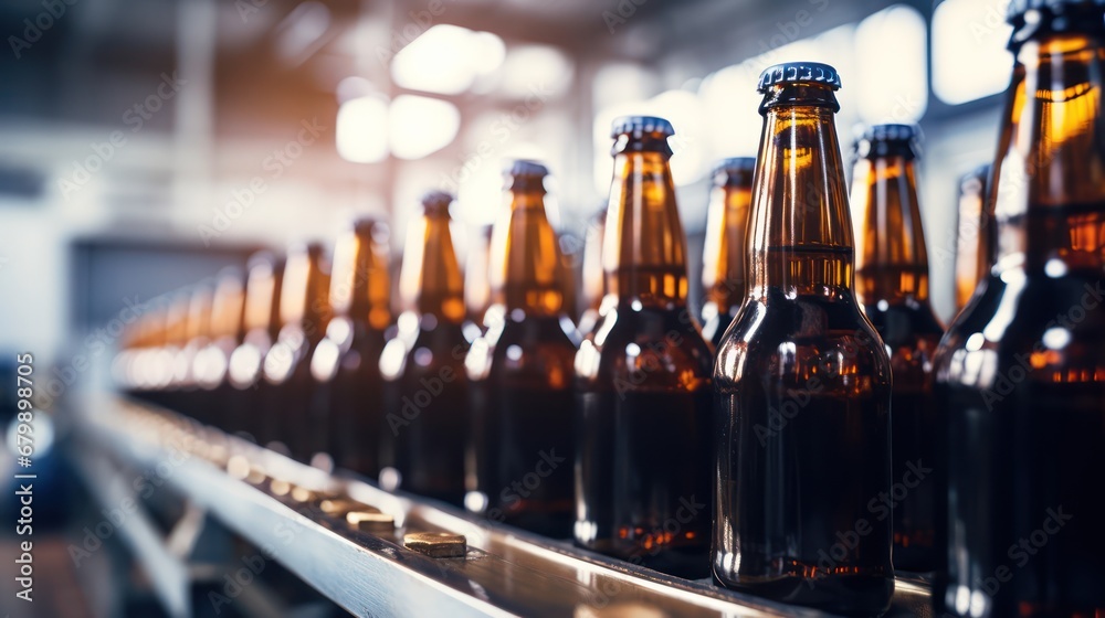 A Brown and green beer bottles on a white blurred background of a production line with copy space on a white background. A Brown and green beer bottles on a white blurred background of a production line with copy space on a white background.