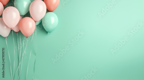 A Colorful balloons on pastel green wall background with copy space.