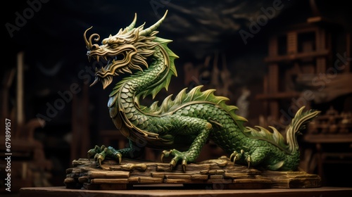 A Powerful green carved wooden dragon terrifying Chinese wood carving art Chinese New Year 2024 concept New Year greeting card background. © Phoophinyo
