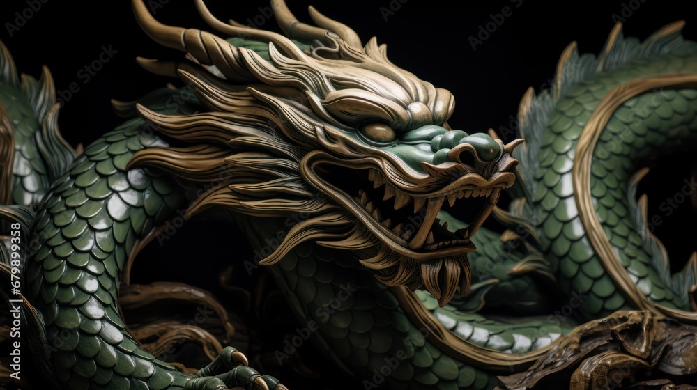 A Powerful green carved wooden dragon terrifying Chinese wood carving art Chinese New Year 2024 concept New Year greeting card background. - obrazy, fototapety, plakaty 