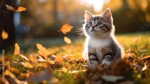 A Cute kitten playing with yellow autumn leaves at sunset. the backyard The background of the photo is a relaxing environment in the backyard.