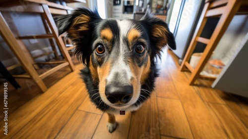 A dog sits on the kitchen floor looking at you pleadingly. Fish-eye lens. High-angle camera. photo