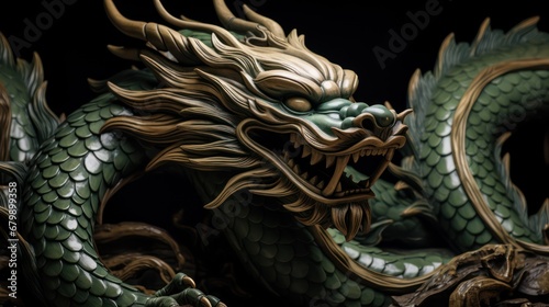 A Powerful green carved wooden dragon terrifying Chinese wood carving art Chinese New Year 2024 concept New Year greeting card background. photo