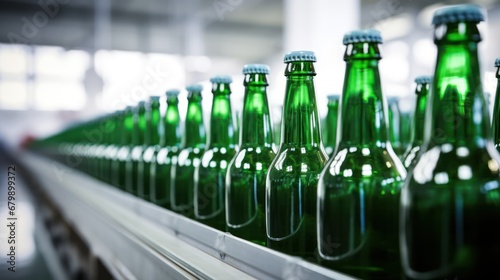 A Brown and green beer bottles on a white blurred background of a production line with copy space on a white background.