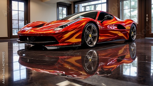 A glossy epoxy floor with a luxury sports car in a garage, featuring a mesmerizing, abstract, and high-gloss surface finish.
