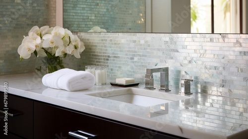 A luxurious bathroom with iridescent mother-of-pearl tiled walls and marble countertops.
