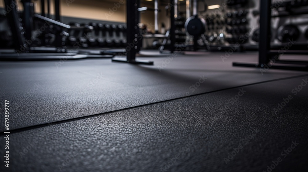 A rubber gym floor with a textured surface, providing durability and traction for intense workouts. - obrazy, fototapety, plakaty 