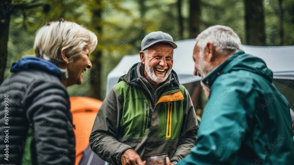 A Candid capture of joyful senior citizens enjoying companionship at a social club. Collect friendships and fun during camping adventures in misty forests and lakes.