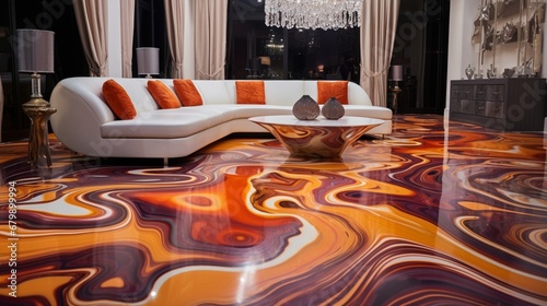 An elegant marbled epoxy floor with intricate swirls and rich, contrasting colors in a contemporary living room.