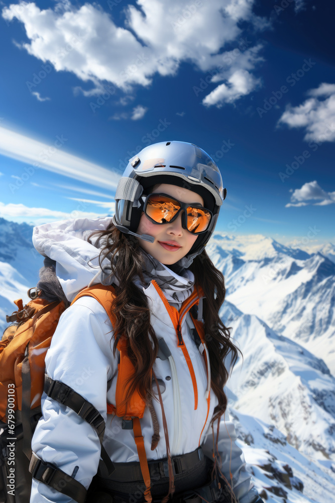 Young woman climed to the top of the mountain