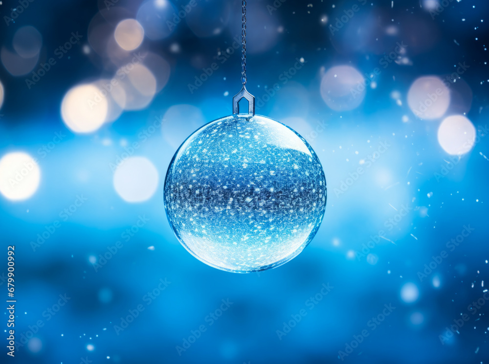 A large blue Christmas ball hanging from a chain, glossy finish. It is suspended in front of a dark blue background, xmas, bokeh A large blue Christmas ball hanging from a chain, glossy finish. It is suspended in front of a dark blue background, xmas, bokeh