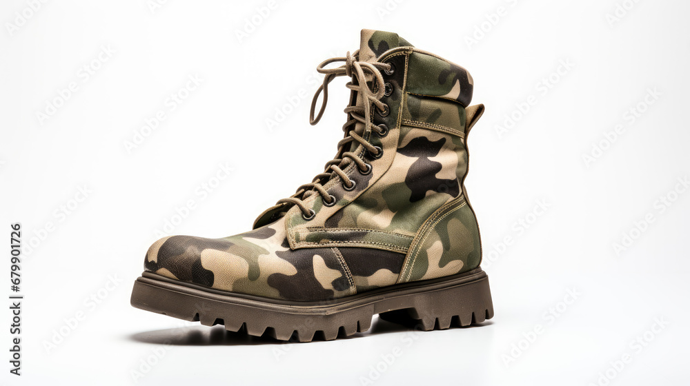 Camouflaged Combat Boot on White Background