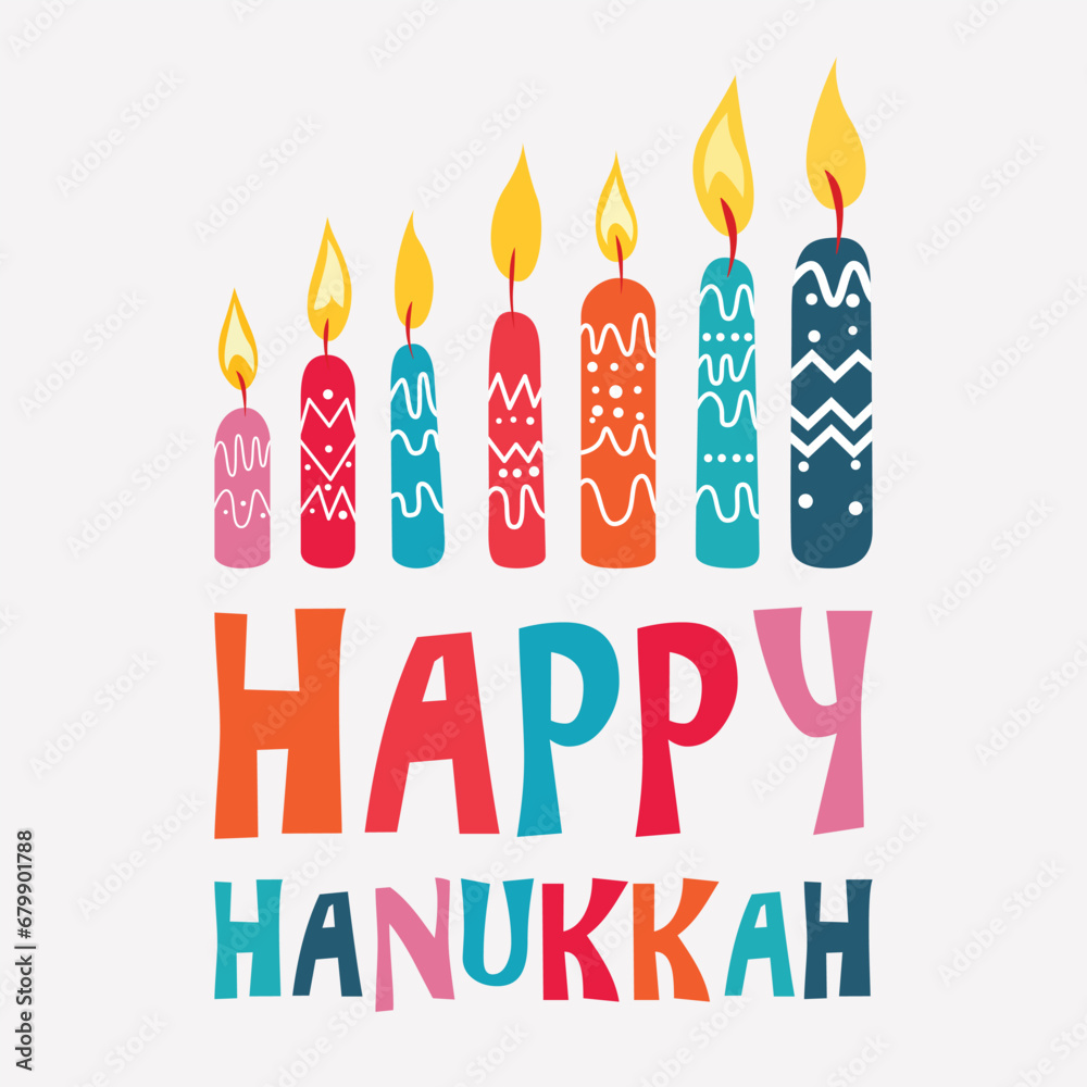 7 vibrant candles illuminate a festive Hanukkah scene. A joyous Happy Hanukkah greeting adds warmth to this colorful vector illustration.