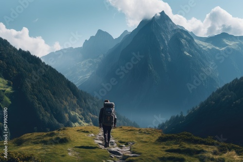 A lone tourist with a backpack walks along a mountain path with stunning views of the Alpine peaks and valleys