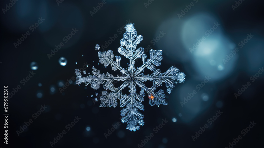 Macro photograph of a delicate snowflake on a dark background Macro photograph of a delicate snowflake on a dark background