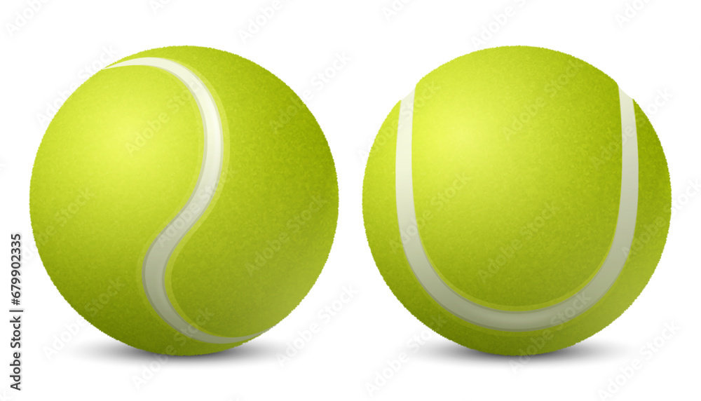 Vector 3d Realistic Green Textured Tennis Ball Icon Set Closeup Isolated on White. Tennis Ball Design Template for Sports Concept, Competition, Advertisement. Front View. Vector Illustration