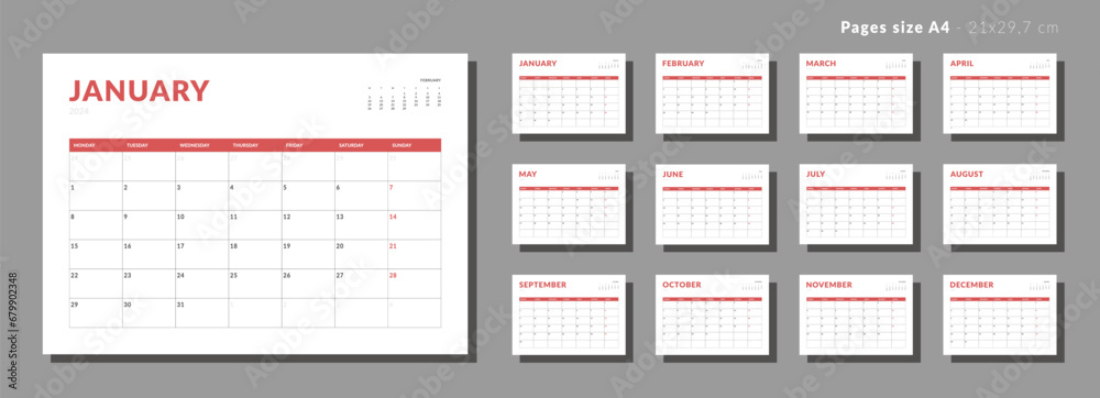 Set of Monthly pages Calendar Planner Templates 2024. Vector layout of a wall or desk simple calendar with week start Monday. Calendar grid in black color for print. Pages for size A4 or 21x29.7 cm Set of Monthly pages Calendar Planner Templates 2024. Vector layout of a wall or desk simple calendar with week start Monday. Calendar grid in black color for print. Pages for size A4 or 21x29.7 cm