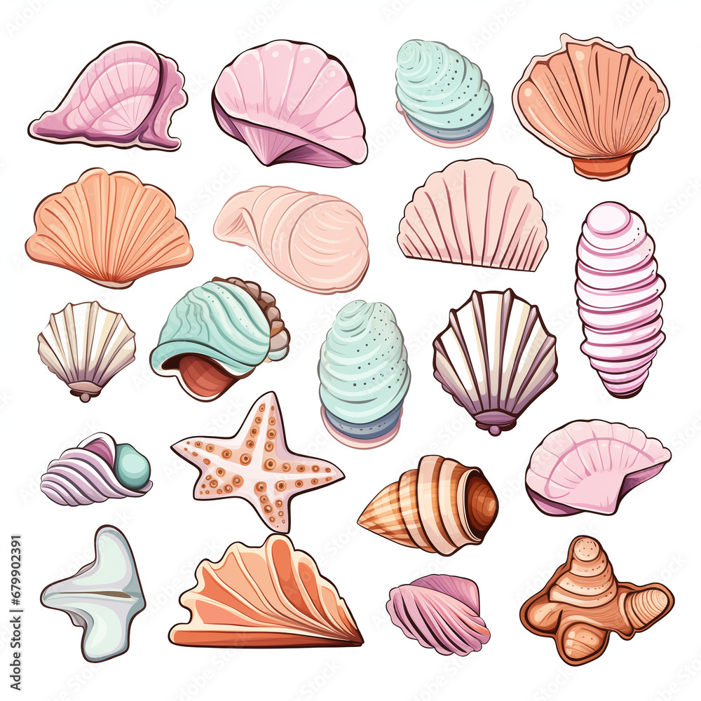 A collection of cute seashells. Generative AI. A collection of cute seashells. Generative AI.