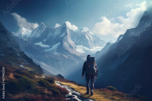 A lone traveler with a backpack looking out over a vast mountainous landscape with a mix of snow peaks and autumn vegetation