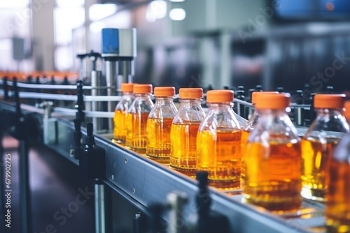 Bottling line for juice bottles at a food processing plant, showcasing industrial equipment and technology © InfiniteStudio