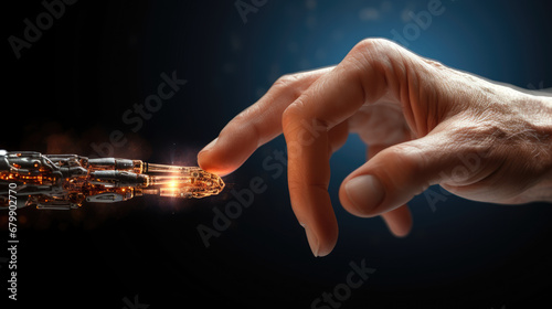 A human finger gently touches a robot's metallic finger, symbolizing harmonious coexistence of humans and AI technology. Blurry technology background. © Bela