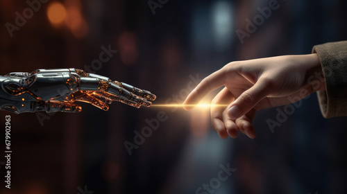 A human finger gently touches a robot s metallic finger  symbolizing harmonious coexistence of humans and AI technology. Blurry technology background.
