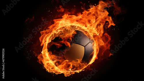 An intense and dramatic image capturing a sport ball engulfed in flames against a stark black background  radiating energy and passion.