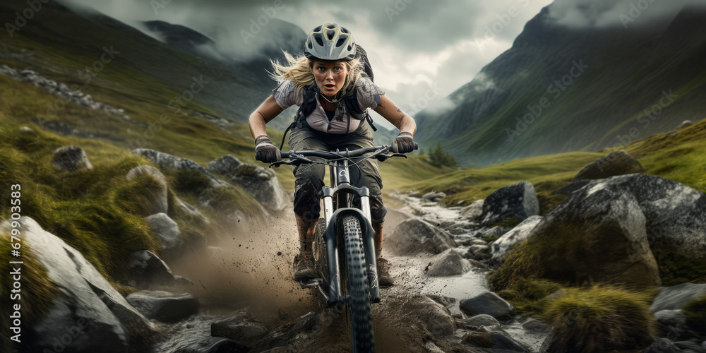 A daring woman embarks on a mountain trail adventure with her mountain bike. This masterpiece showcases the power and beauty of the wilderness.