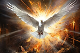 A dove flying in sunlight, presented in the style of apocalypse art with vivid energy explosions and hyperrealistic murals.