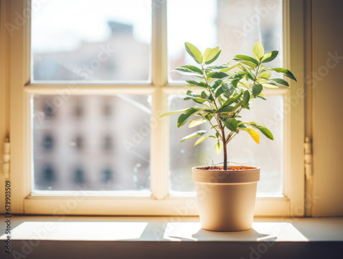 Lonely Potted Plant on Sunlit Windowsill