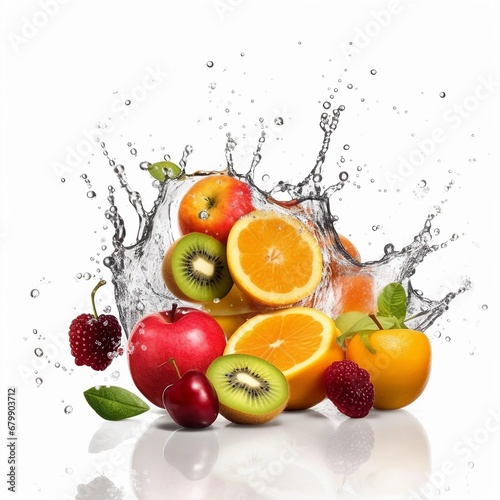 A splash of various fruits, looks fresh and delicious, suitable for advertising fruit, drinks or juice. Generative AI.