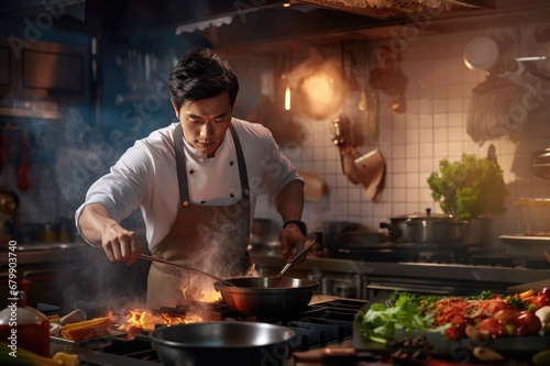 Portrait of an Asian chef preparing meals and flambéing food.