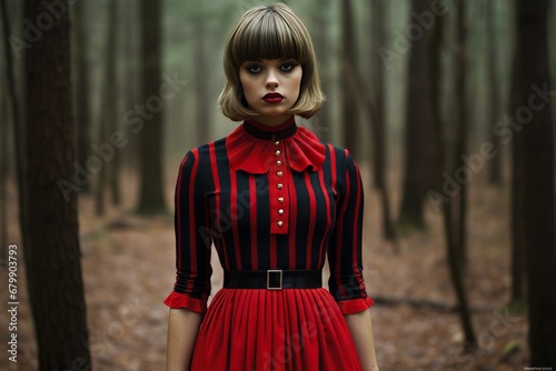 weird nerdy girl with bob hairstyle in red dress with black stripes in forest photo