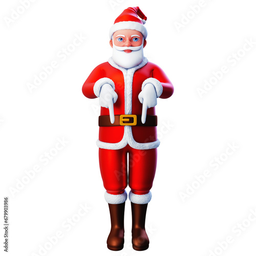 3D character of santa claus pointing to the bottom side using both hands, Merry Christmas and Happy New Year, 3d illustration and rendering