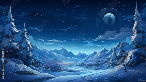 Cartoon kind style  The winter forest at night is brightly lit by the moon, the stars are shining © client