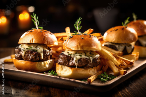 Group of juicy and delicious meat burgers