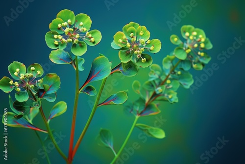 Euphorbia flower plant background, Euphorbia bupleurifolia, wallpaper, green isolated background, 3D illustration, 