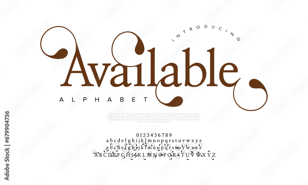 Available premium luxury elegant alphabet letters and numbers. Elegant wedding typography classic serif font decorative vintage retro. Creative vector illustration