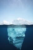 Iceberg isolated on white blue  background,  Hidden Danger And Global Warming Concept, nature magazine illustration. Above and below water. Water line. Copy space.