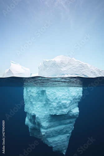 Iceberg isolated on white blue background, Hidden Danger And Global Warming Concept, nature magazine illustration. Above and below water. Water line. Copy space.