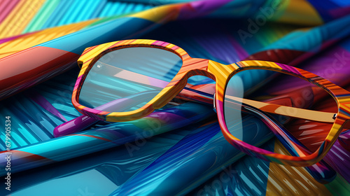 Eyeglasses on a table. Modern illustration on a colorful background.