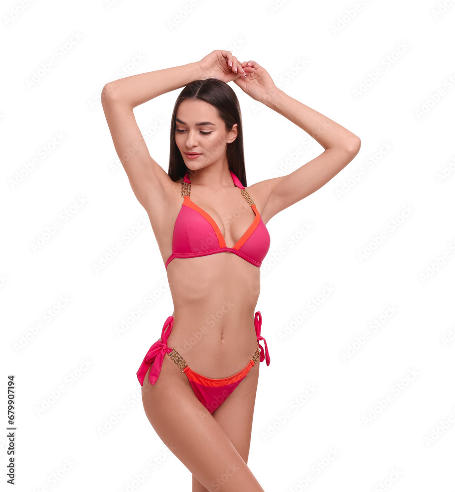 Young woman in stylish bikini isolated on white Young woman in stylish bikini isolated on white