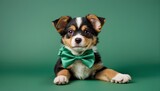 A playful puppy with a bow tie on a solid green background. Generative AI