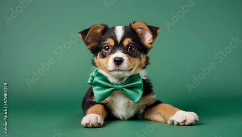 A playful puppy with a bow tie on a solid green background. Generative AI © Zohaib