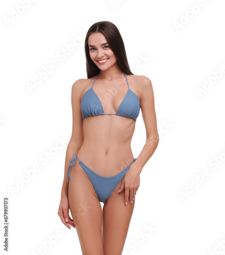 Young woman in stylish bikini isolated on white
