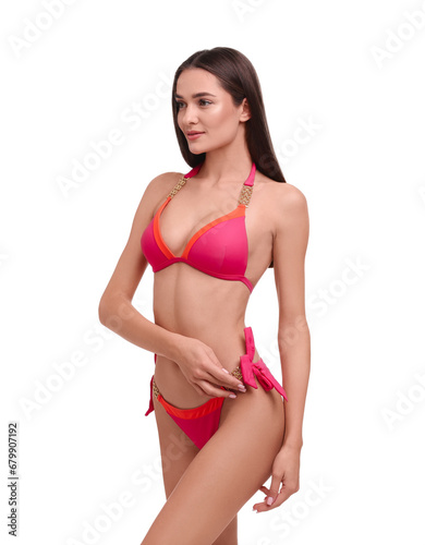 Young woman in stylish bikini isolated on white