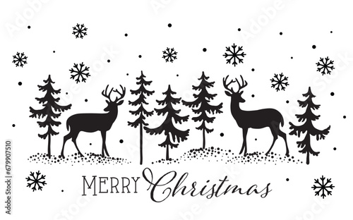 Christmas Deer and Pine Trees, Black and White Drawing with Snowflakes and Merry Christmas Text- Christmas Black and white Clipart Vector 