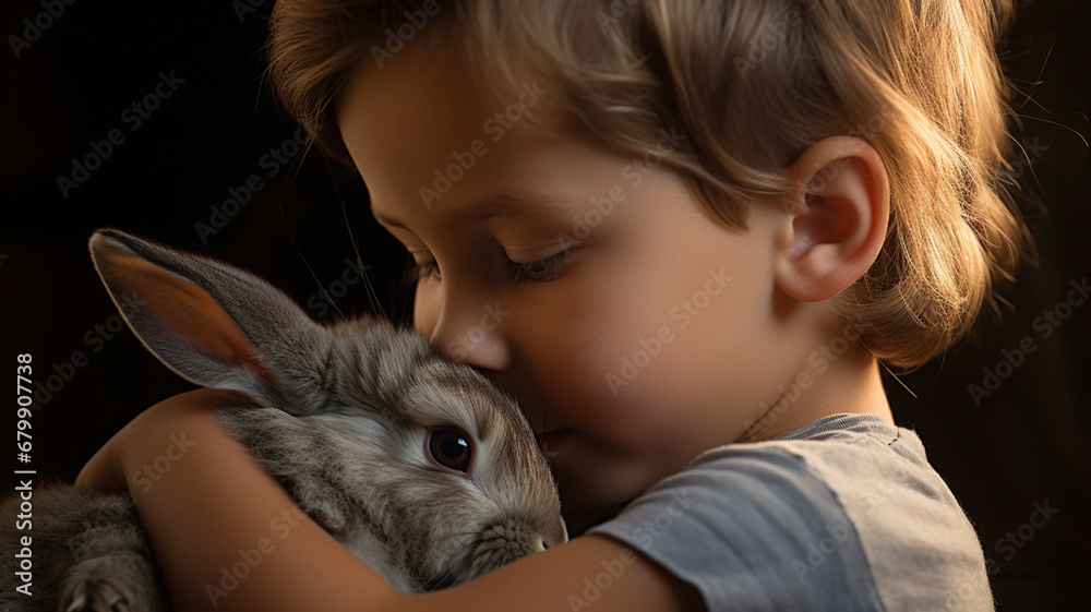 Small children holding rabbit.