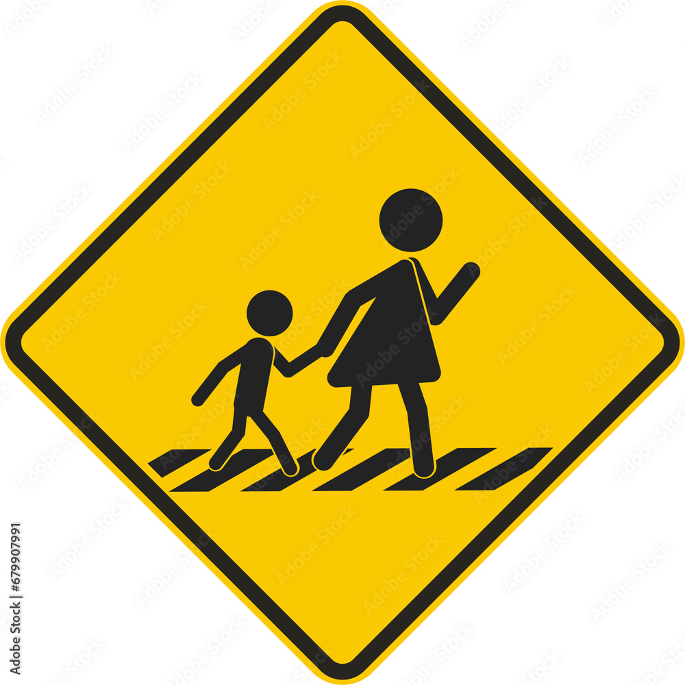 Isolated yellow rectangle sign of mother and children walking on walk lane, for cross walk of pedestrian walkway line Isolated yellow rectangle sign of mother and children walking on walk lane, for cross walk of pedestrian walkway line