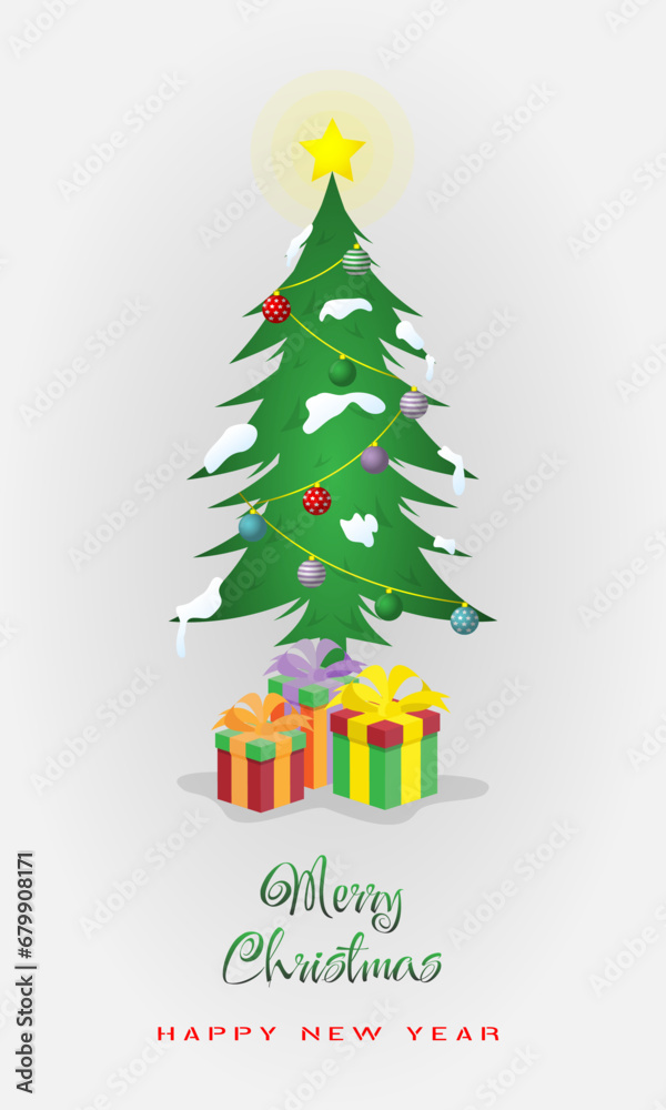 Merry Christmas and New Year poster with Christmas tree and gift box